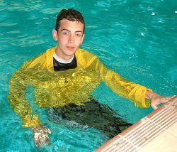 happy lifeguards swim in anoraks